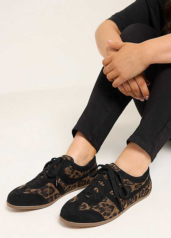 Yours Black Leopard Print Low Retro Stripe Trainers In Extra Wide Eee Fit