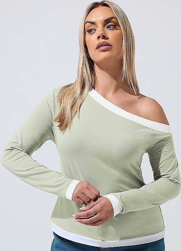 Yours Women's Light Green Contrast Off-Shoulder Top In | Size: 16 - Image 6