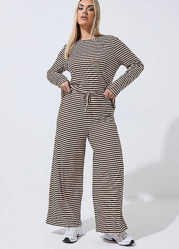 Yours Women's Multicolor Stripe Ribbed Wide Leg Trousers | Size: 18 - Image 6