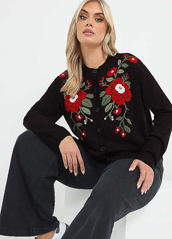 Yours Women's Black Rose Knitted Cardigan In | Size: 22-24 - Image 7