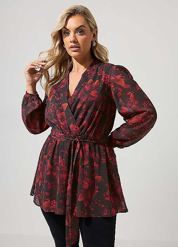 Yours London Women's Black Curve Blurred Floral Wrap Top