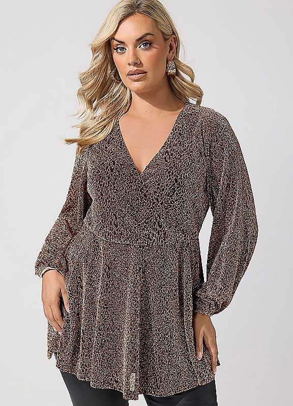 Yours Women's Leopard Print Metallic Wrap Top in Brown | Size: 26-28 - Image 3