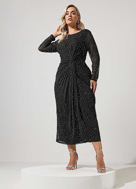 Yours Women's Black Metallic Knot Front Mesh Dress In | : 26/28 - Image 2