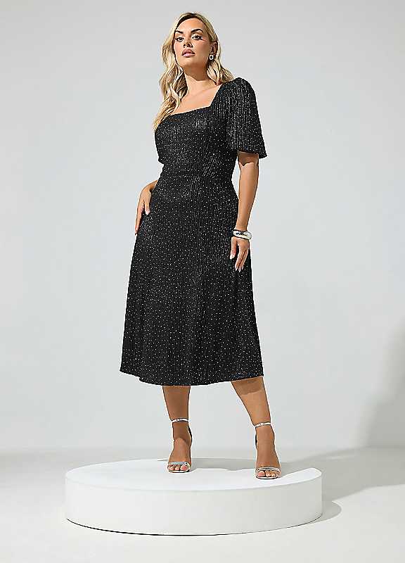 Yours Curve Women's Black Metallic Studded Skater Dress - Image 3