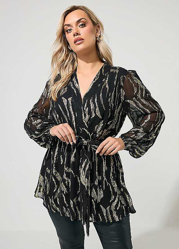 Yours London Women's Black Curve Metallic Wrap Blouse