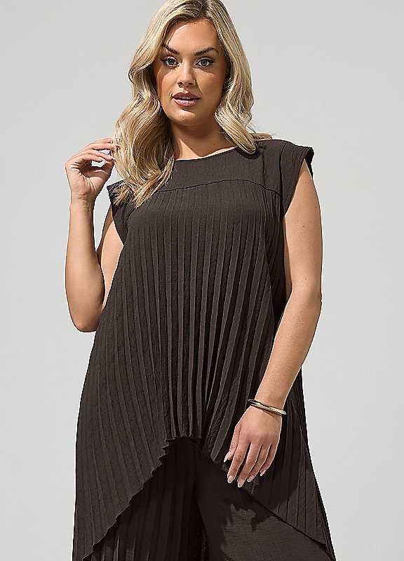 Yours Curve Women's Brown Pleated High Low Top - Image 3