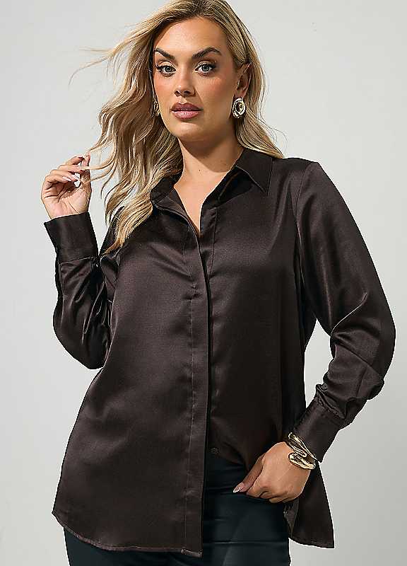 Yours Women's Chocolate Satin Shirt In | : 26/28 - Image 3