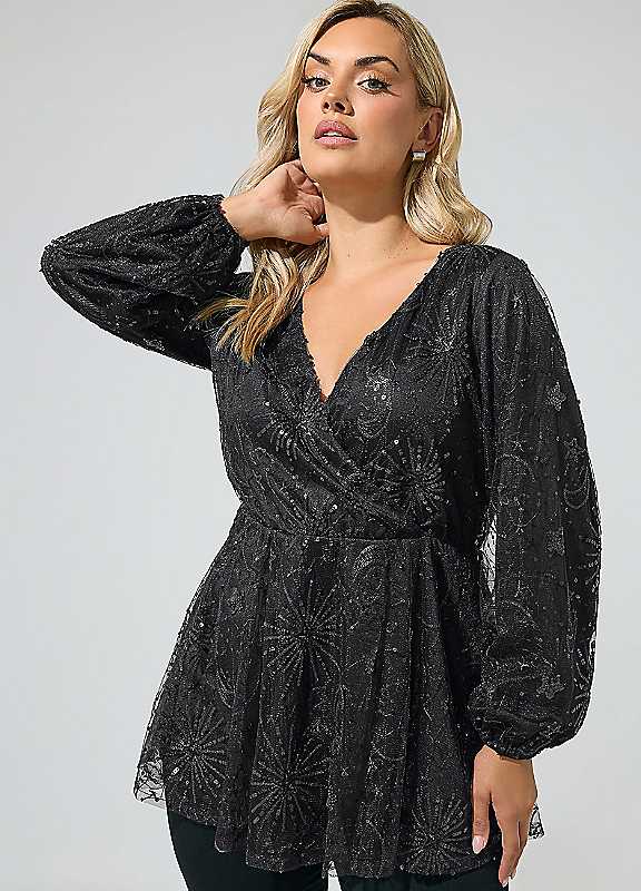 Yours London Women's Black Curve Sequin Celestial Wrap Top
