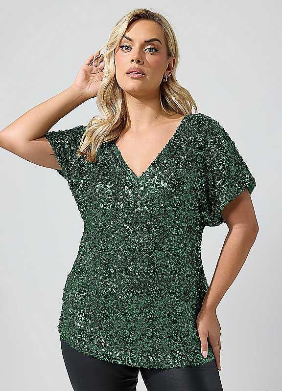 Yours London Women's Green Curve Sequin Top