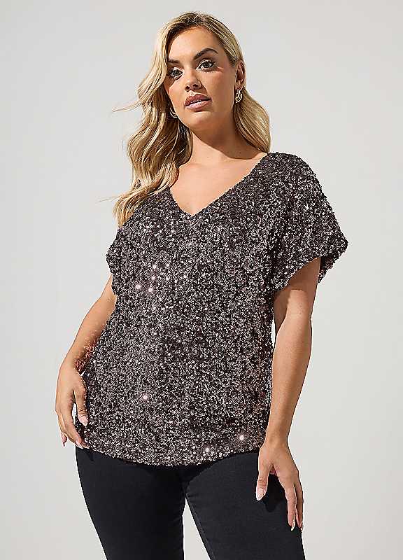 Yours London Women's Brown Curve Sequin Top