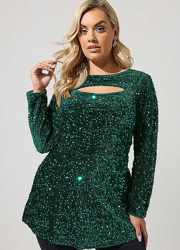 Yours Women's Green Sequin Velvet Top In | : Size 18 - Image 2
