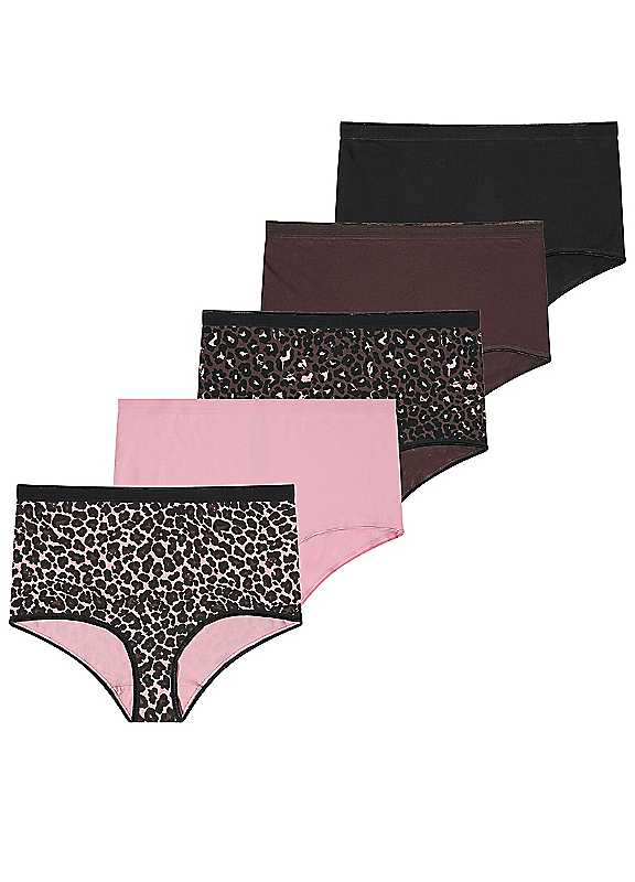 Yours Women's Brown 5 Pack Leopard Print Full Briefs In Size 26-28 - Image 3