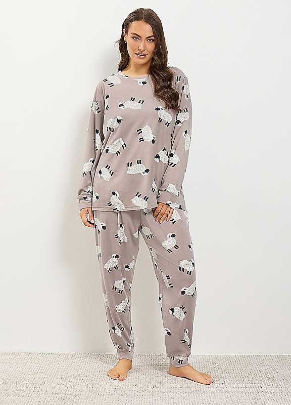Yours Women's Brown Sheep Print Lightweight Fleece Pyjama Set W/ Scrunchie In | Size: 30/32 - Image 2