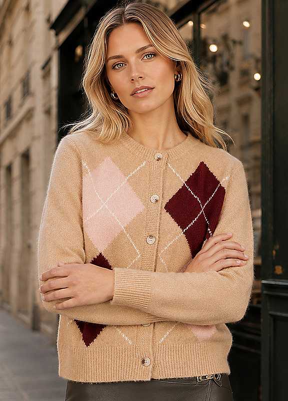 Yumi Women's Beige Argyll Knitted Cardigan In | Size: Small/Medium - Image 2