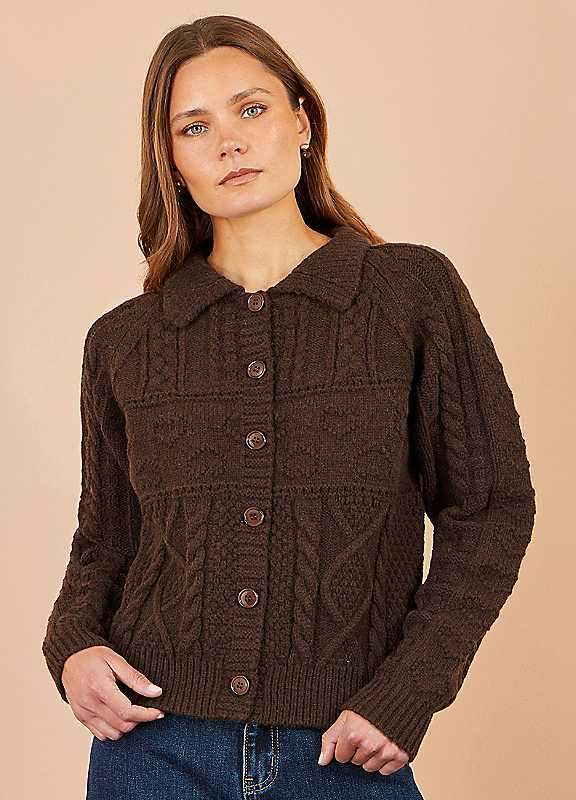 Yumi Women's Cable Knit Boxy Jacket in Chocolate | Size: Large - Image 3