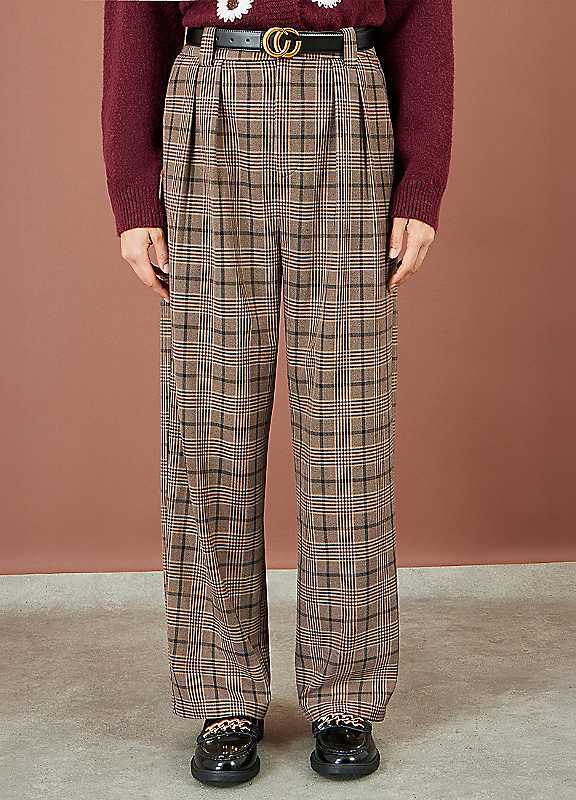 Yumi Women's Brown Check Wide Leg Trousers - Size 10 Uk - Image 2