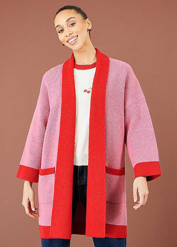 Yumi Women's Pink Contrast Knitted Cardigan Sweater In | : Small - Image 2