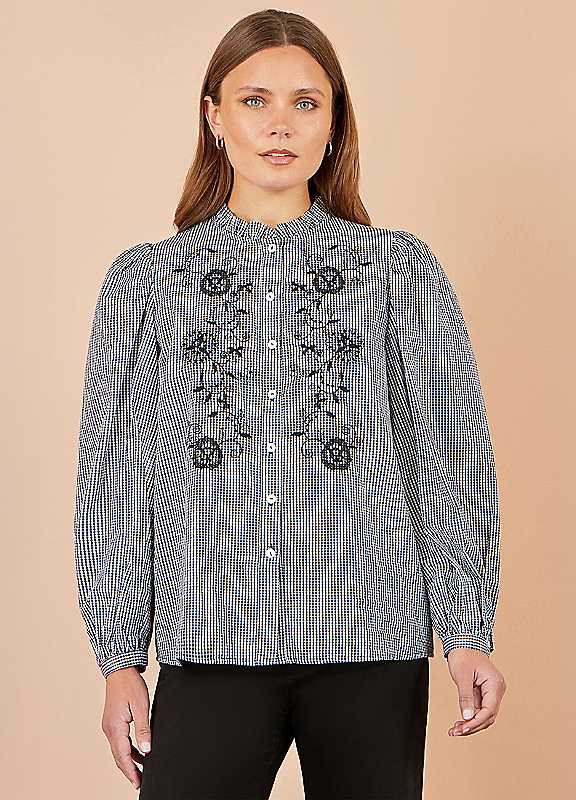 Yumi Women's Black Cotton Gingham Embroidered Shirt In Small - Image 3