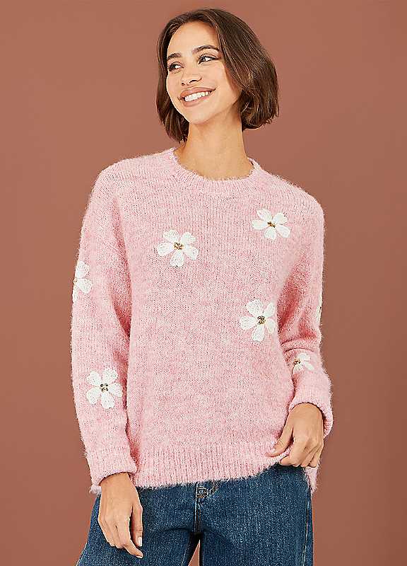 Yumi Pink Crochet Flower Relaxed Jumper