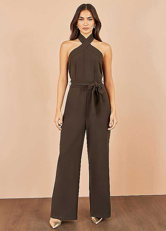 Yumi Brown Cross Over Halter Neck Jumpsuit