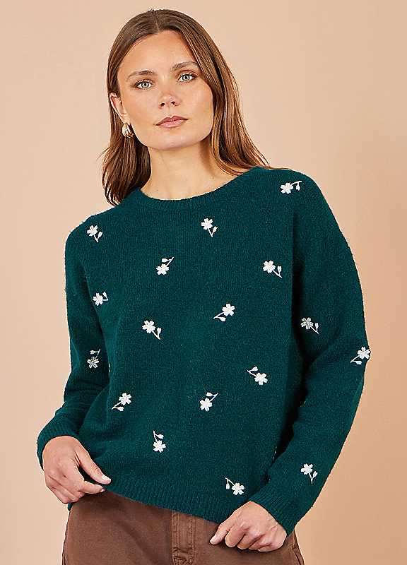 Yumi Women's Green Daisy Embroidered Relaxed Jumper - Image 3