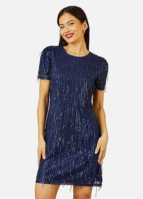 Yumi Women's Navy Dripping Sequin Tunic Dress - Size 8 Uk - Image 2