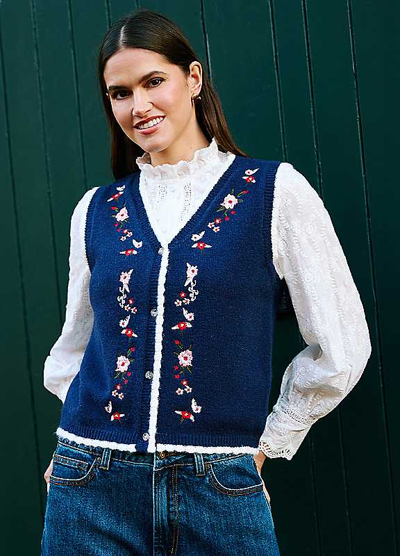 Yumi Women's Embroidered Knitted Waistcoat in Navy | Size: Small - Image 2
