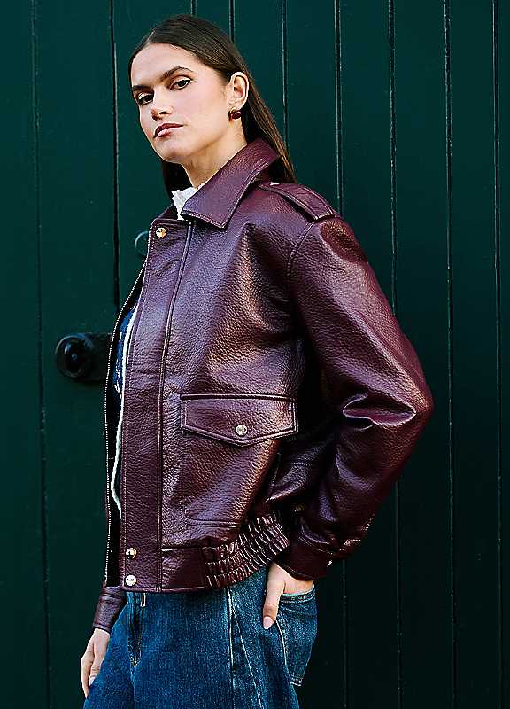 Yumi Women's Burgundy Faux Leather Bomber Jacket - Size 10 Uk - Image 2
