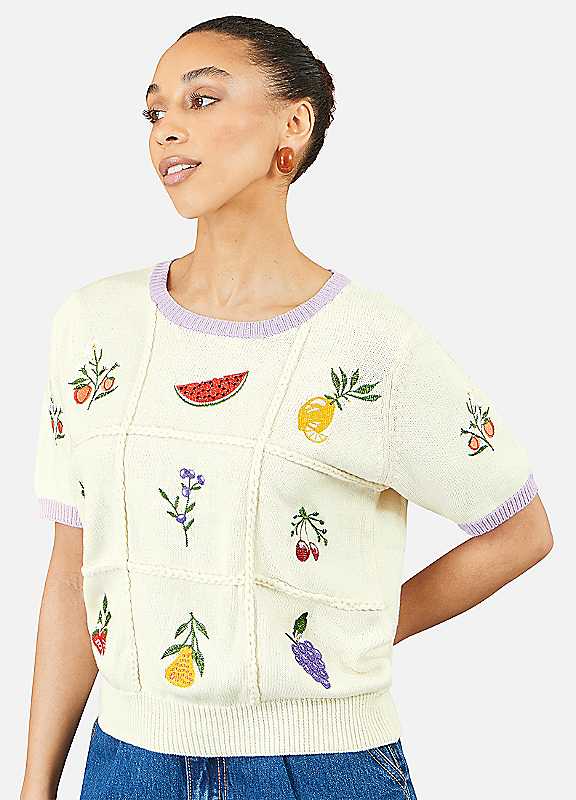 Yumi Women's Ivory Fruit Cotton Knitted Top - Size M Uk - Image 7