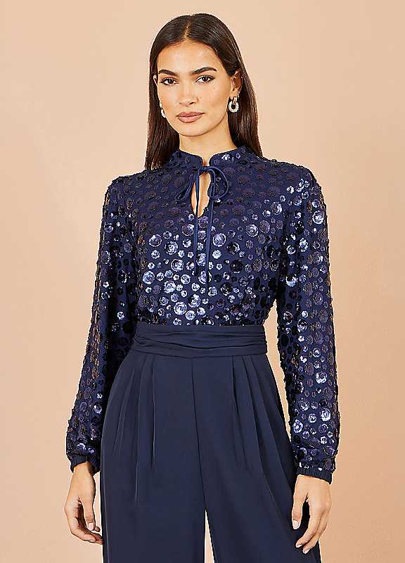 Yumi Women's Navy Long Sleeve Sequin Jumpsuit - Size 18 Uk - Image 2