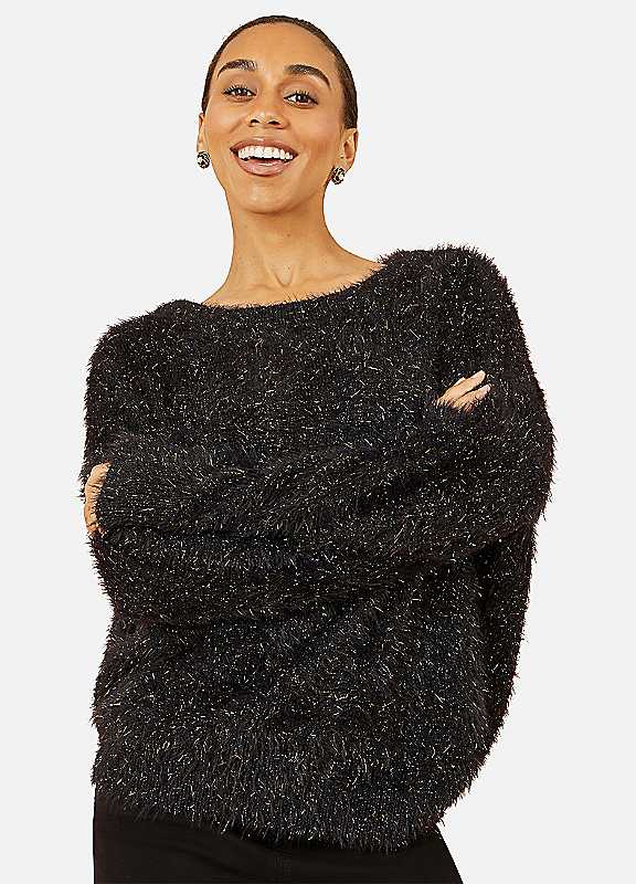 Yumi Black Metallic Fluffy Eyelash Relaxed Jumper