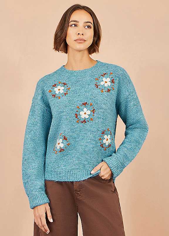 Yumi Women's Blue Patch Floral Embroidered Relaxed Jumper In | : Large - Image 3