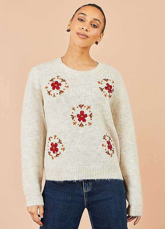 Yumi Ivory Patch Floral Embroidered Relaxed Jumper
