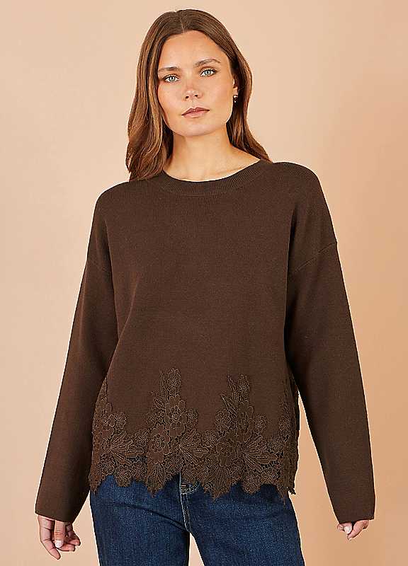 Yumi Brown Relaxed Jumper With Lace Trim