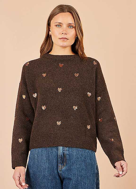 Yumi Brown Sequin Heart Relaxed Jumper