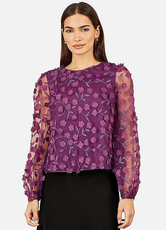 Yumi Women's Plum Sheer Sleeve Applique Flower Top In | : Size 8 - Image 6