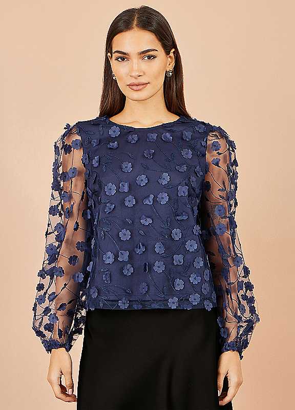 Yumi Women's Navy Sheer Sleeve Applique Flower Top In | Size: 8 - Image 2