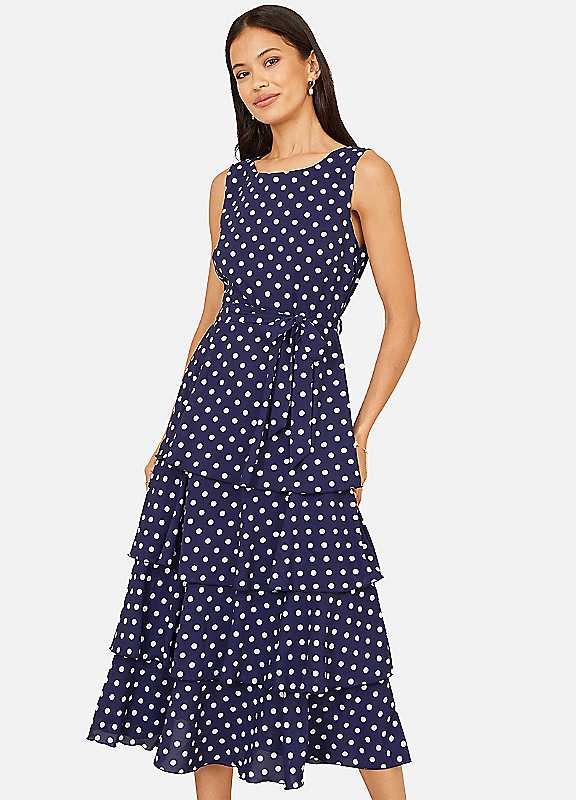 Yumi Women's Navy Spot Tiered Midi Skirt Dress Size 8 - Image 3