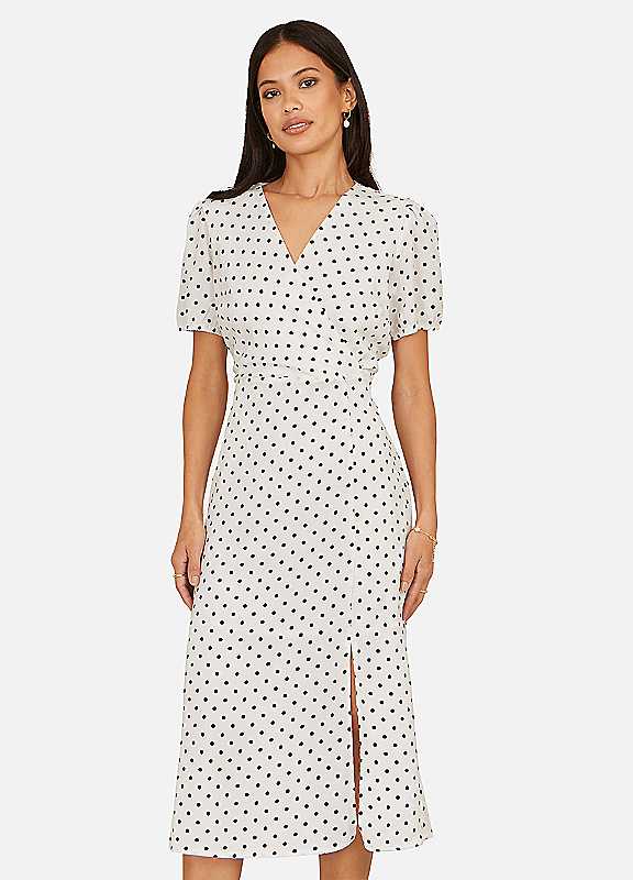 Yumi White Spot Wrap Midi Tea Dress