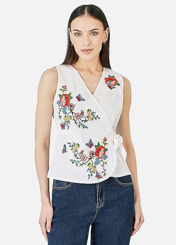 Yumi Women's White Stretch Cotton Embroidered Wrap Top In | Size: 14 - Image 3