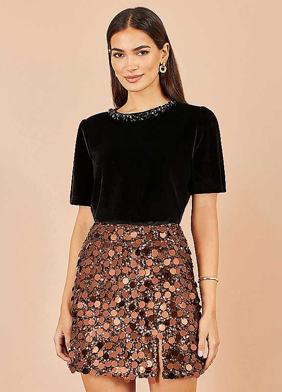 Yumi Women's Black Velvet Embellished Neck Top In Size 10 - Image 2