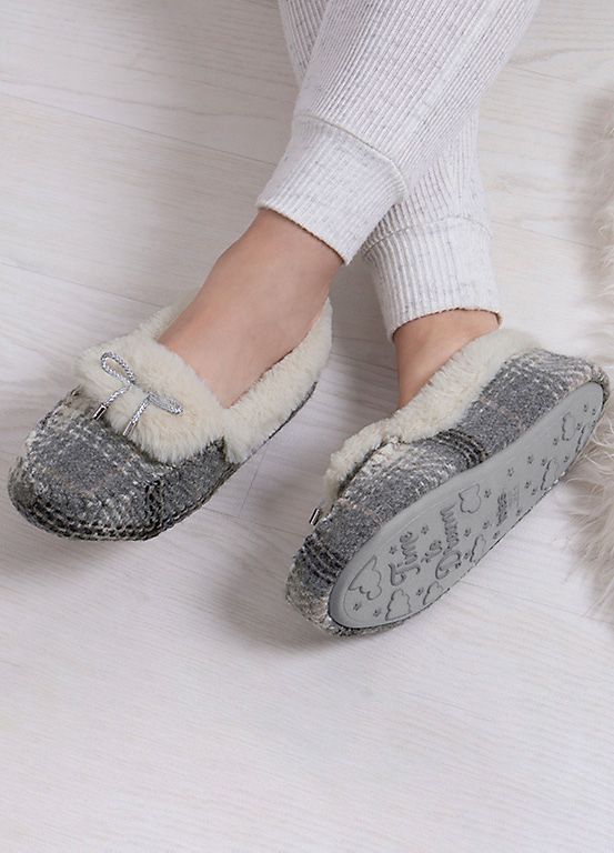 Totes Ladies Grey Brushed Check Moccasin Slippers